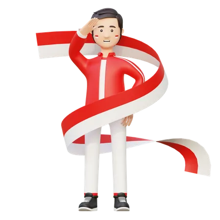 Hombre saludando la bandera de indonesia  3D Illustration