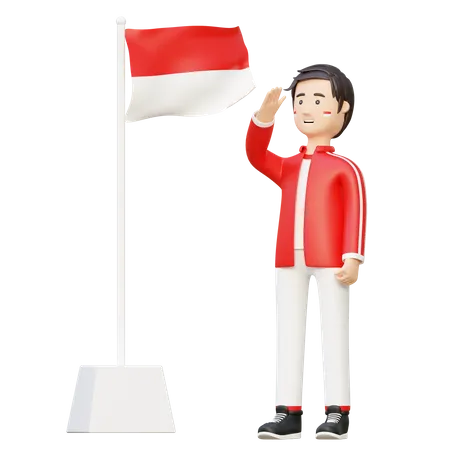 Hombre saludando la bandera de indonesia  3D Illustration