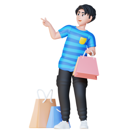 Hombre señalando algo a la izquierda mientras sostiene bolsas  3D Illustration