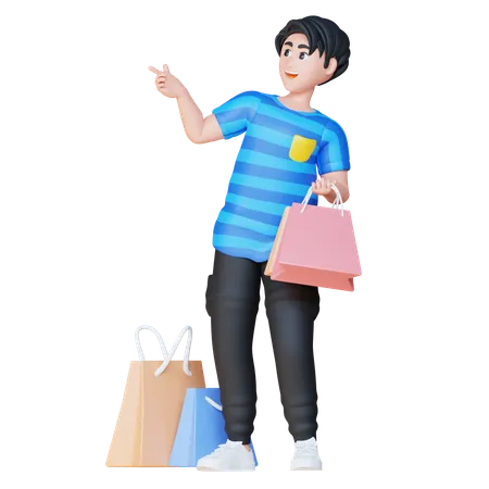 Hombre señalando algo a la izquierda mientras sostiene bolsas  3D Illustration