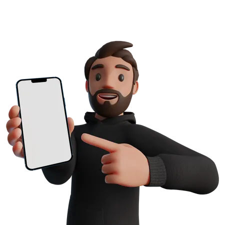 Hombre apuntando a una pantalla de teléfono inteligente en blanco  3D Illustration