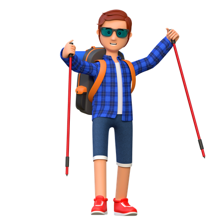 Hombre caminando por la montaña con bastones  3D Illustration