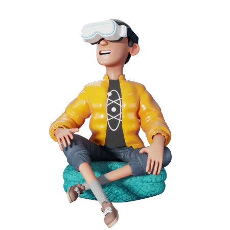 Hombre sentado disfrutando de sus gafas de realidad virtual  3D Illustration