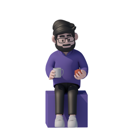 El hombre se sienta en el cubo y bebe café  3D Icon