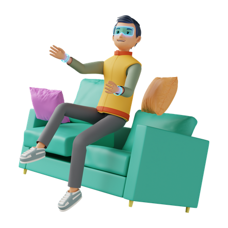 Hombre sentado en el sofá y experimentando tecnología virtual  3D Illustration