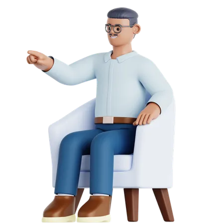 Hombre sentado en el sofá y señalando  3D Illustration