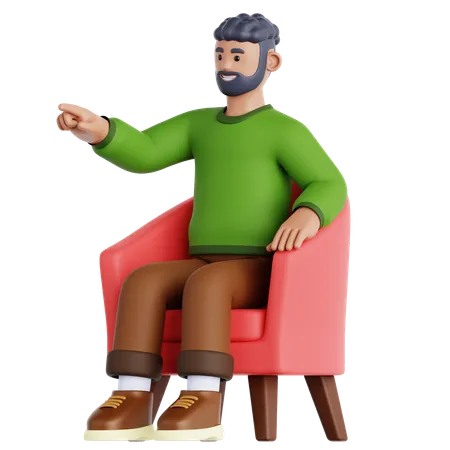 Hombre sentado en el sofá y señalando  3D Illustration