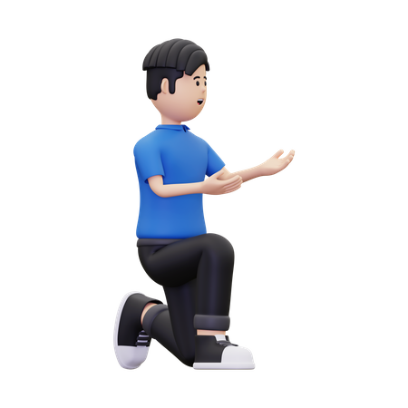 El hombre se sienta en la rodilla mientras muestra algo correcto.  3D Illustration