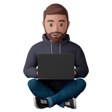 Hombre sentado en posición de loto con una computadora portátil  3D Illustration