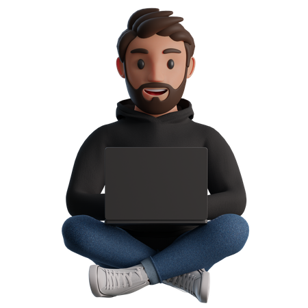 Hombre sentado en posición de loto con una computadora portátil  3D Illustration