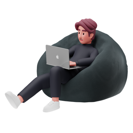 Hombre sentado en una bolsa de frijoles y trabajando en una computadora portátil  3D Illustration