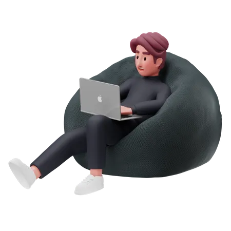 Hombre sentado en una bolsa de frijoles y trabajando en una computadora portátil  3D Illustration