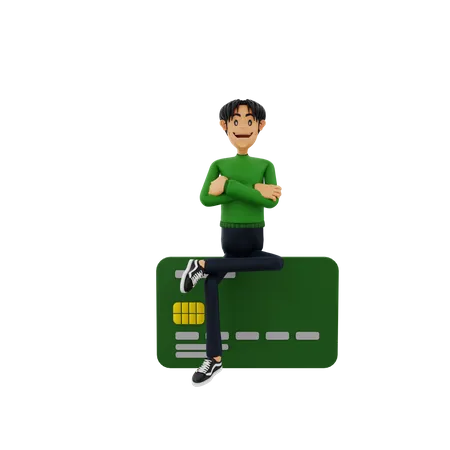 Hombre sentado en la tarjeta bancaria  3D Illustration