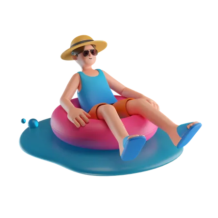 Hombre sentado en un tubo flotante en la playa  3D Illustration