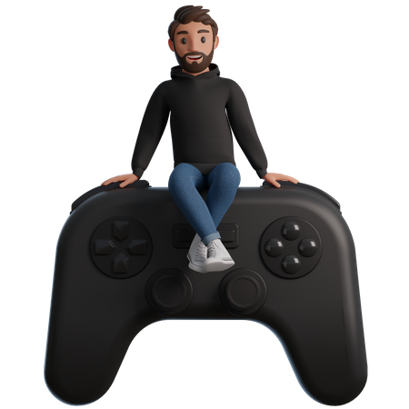 El hombre se sienta en un gamepad.  3D Illustration