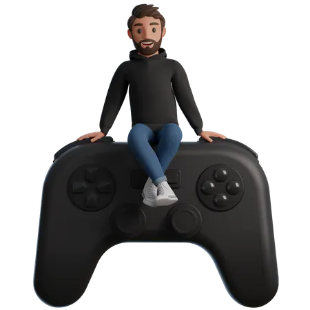 El hombre se sienta en un gamepad.  3D Illustration