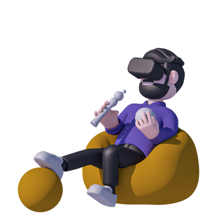 Hombre sentado en una bolsa de frijoles y un juego de vidrio VR  3D Icon