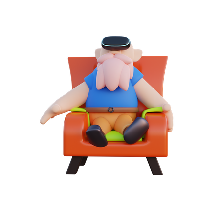 Hombre sentado en un sofá y disfrutando con auriculares VR  3D Illustration