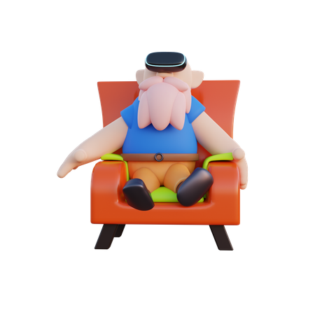 Hombre sentado en un sofá y disfrutando con auriculares VR  3D Icon