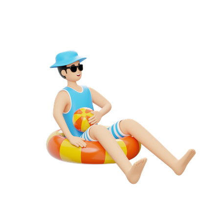 Hombre sentado en un tubo flotante en la playa  3D Illustration