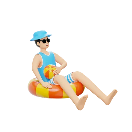 Hombre sentado en un tubo flotante en la playa  3D Illustration