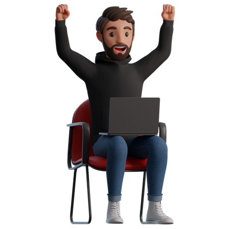 El hombre sentado en una silla con una computadora portátil es feliz  3D Illustration