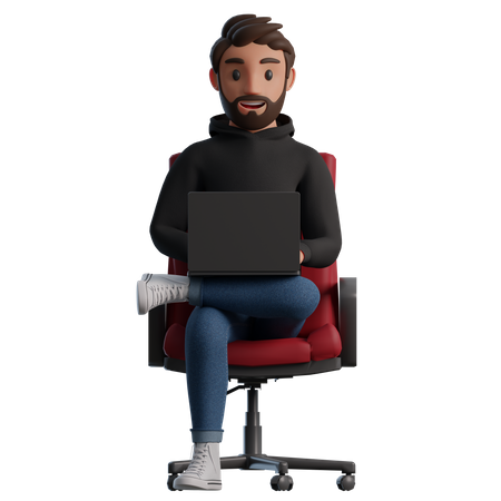 Hombre sentado en una silla con una computadora portátil y sonriendo  3D Illustration