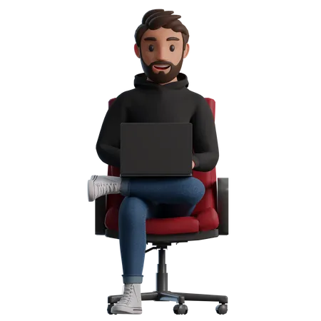 Hombre sentado en una silla con una computadora portátil y sonriendo  3D Illustration