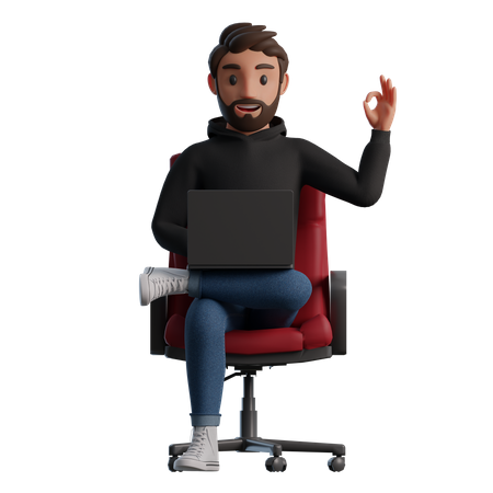 Un hombre sentado en una silla con una computadora portátil muestra el signo OK  3D Illustration