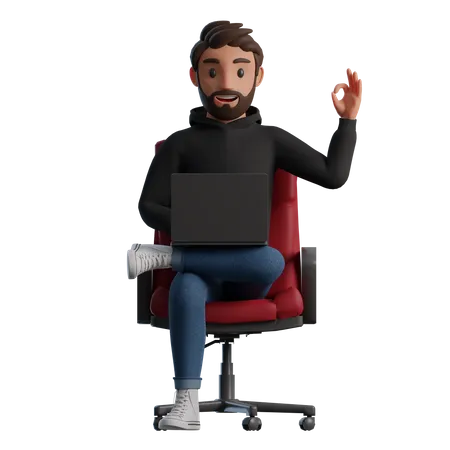 Un hombre sentado en una silla con una computadora portátil muestra el signo OK  3D Illustration