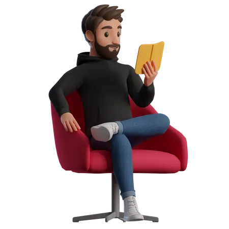 Hombre sentado en una silla leyendo un libro  3D Illustration