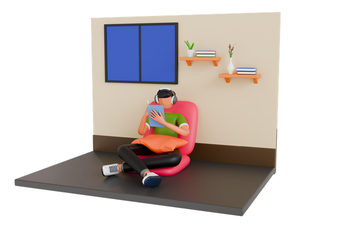 Hombre sentado en una silla y usa Tablet Pc  3D Illustration
