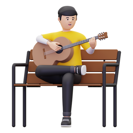 El hombre se sienta mientras toca una guitarra acústica  3D Illustration