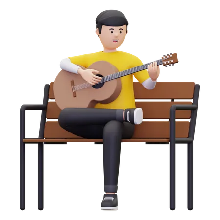 El hombre se sienta mientras toca una guitarra acústica  3D Illustration