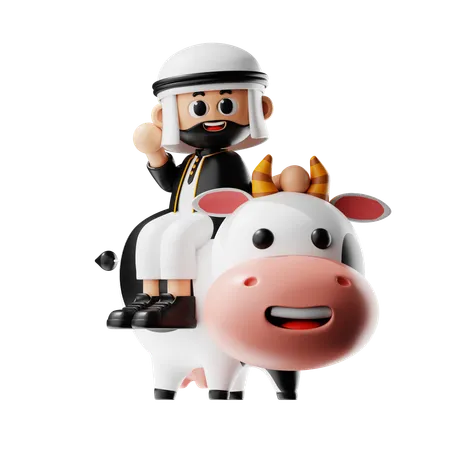 El hombre se sienta sobre la vaca  3D Illustration