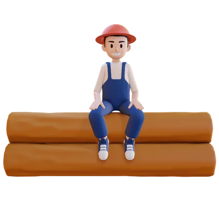 Hombre sentado sobre tubos de madera  3D Illustration
