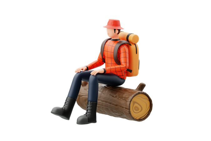 Hombre sentado en un tronco de madera  3D Illustration