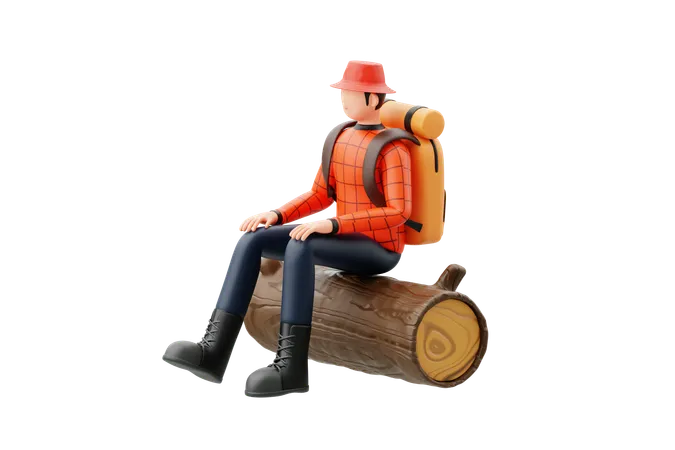 Hombre sentado en un tronco de madera  3D Illustration