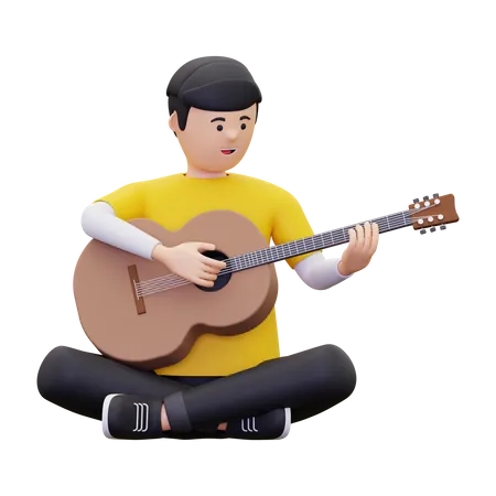 Hombre sentado tocando la guitarra  3D Illustration