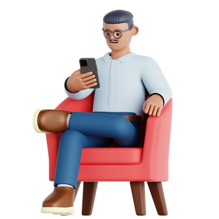 Hombre sentado y usando el teléfono  3D Illustration