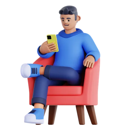 Hombre sentado y usando el teléfono  3D Illustration