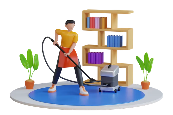 Hombre De Servicio De Limpieza 3 D Con Aspiradora Hombre Limpiando Alfombra Azul Con Aspiradora En Casa Personal De Limpieza Ilustracion 3 D 3D Illustration