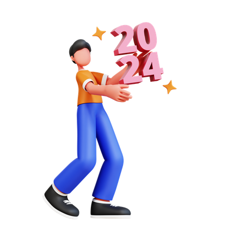 Hombre sosteniendo año nuevo 2024  3D Illustration