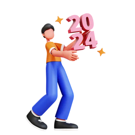 Hombre sosteniendo año nuevo 2024  3D Illustration