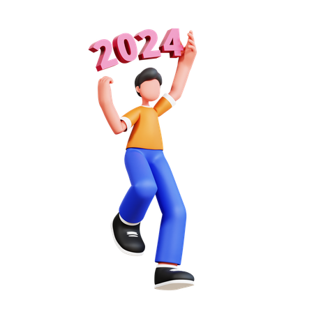 Hombre sosteniendo el número de año nuevo 2024  3D Illustration