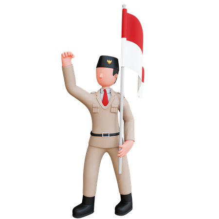 Hombre sujetando la bandera de indonesia  3D Illustration