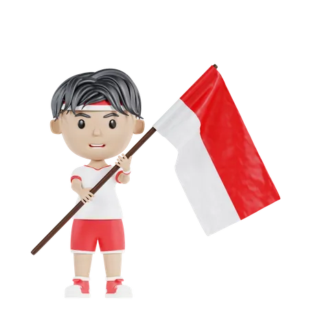 Hombre sujetando la bandera de indonesia  3D Illustration