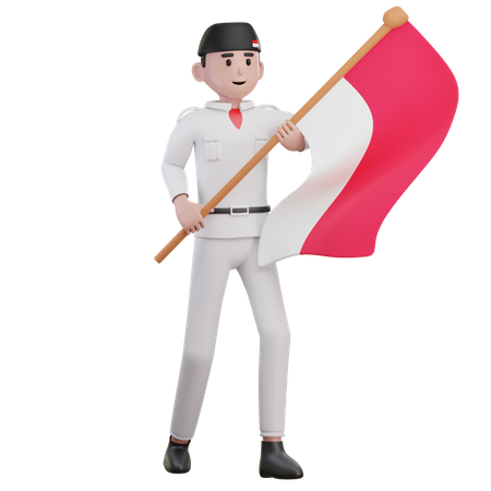 Hombre sujetando la bandera de indonesia  3D Illustration