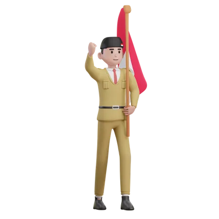 Hombre sujetando la bandera de indonesia  3D Illustration