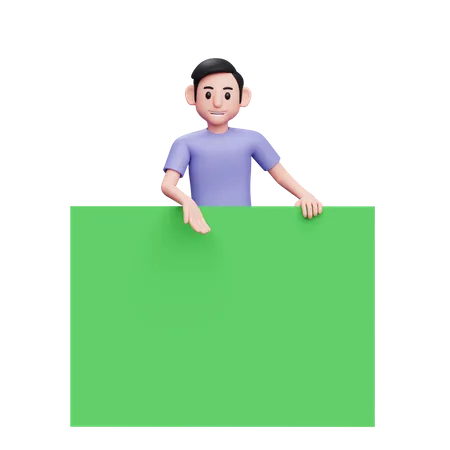 Ilustracion De Personajes 3 D Hombre Casual Parado Detras De La Gran Pancarta Verde Y Mostrando Algo Con Su Mano Derecha 3D Illustration